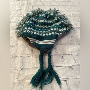 KIDS YKK GREEN/WHITE/GRAY MOHAWK STYLE WINTER HAT